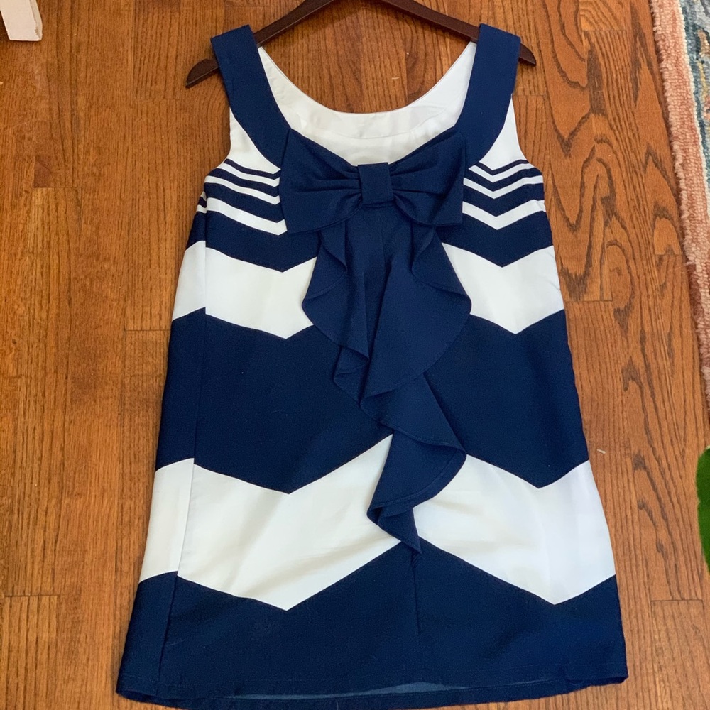 Navy and white striped shift dress + bow on back!
